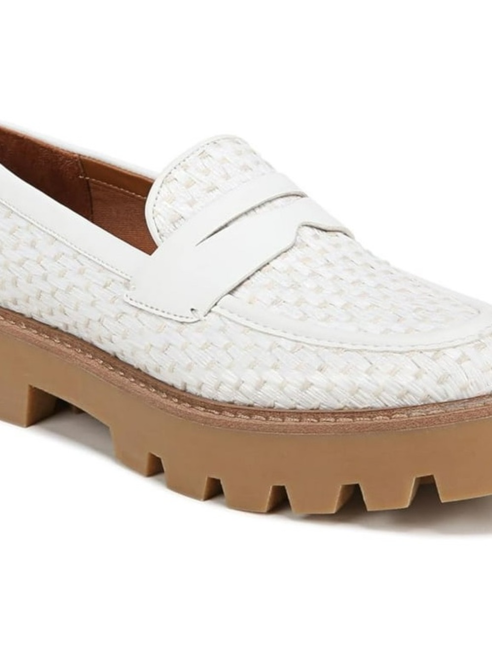 Franco Sarto White Woven Penny Loafer with Chunky Tan Lug Sole 7.5M